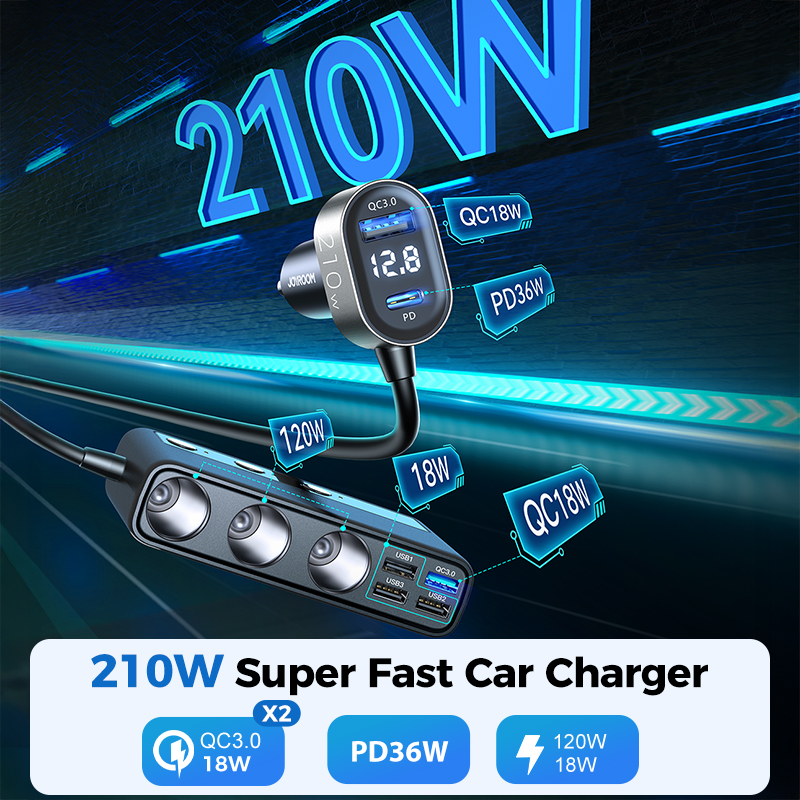 Joyroom 210W 9 in 1 Car Charger Adapter PD 3 Socket
