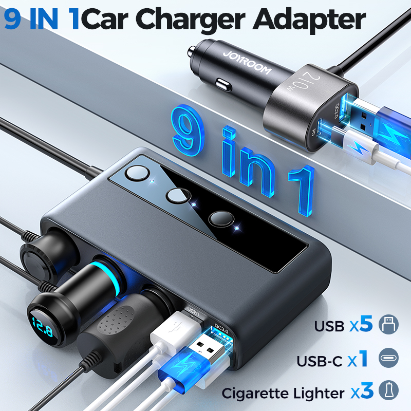 Joyroom 9 in 1 210W Car Charger Adapter PD 3 Socket