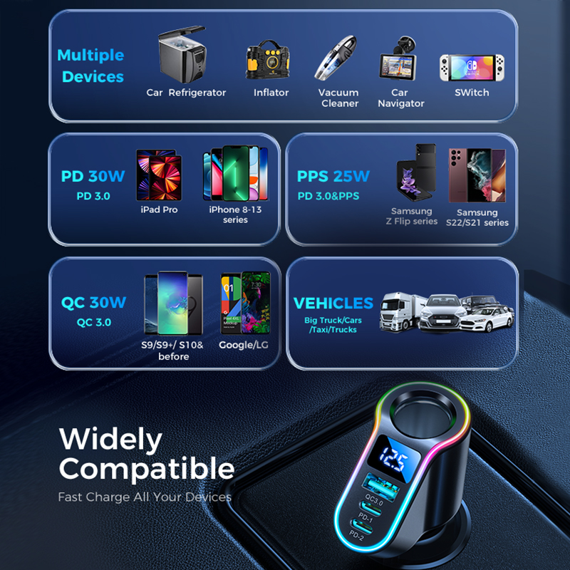 150W 4 in 1 Cigarette Lighter USB Car Charger Adapter,