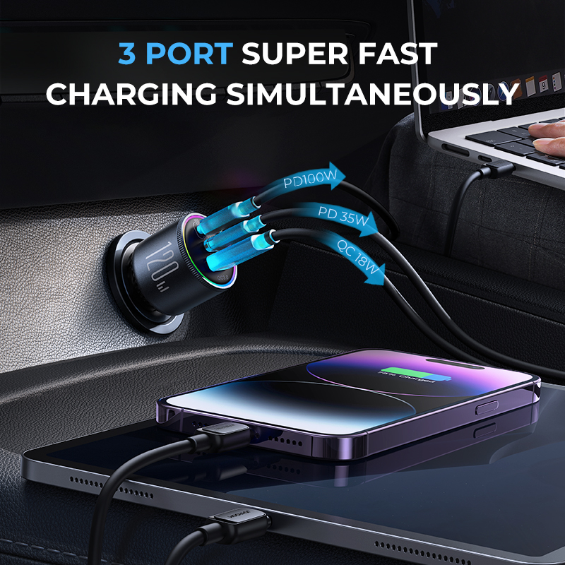JOYROOM 120W Car Charger USB C 3 Port Super Fast Car